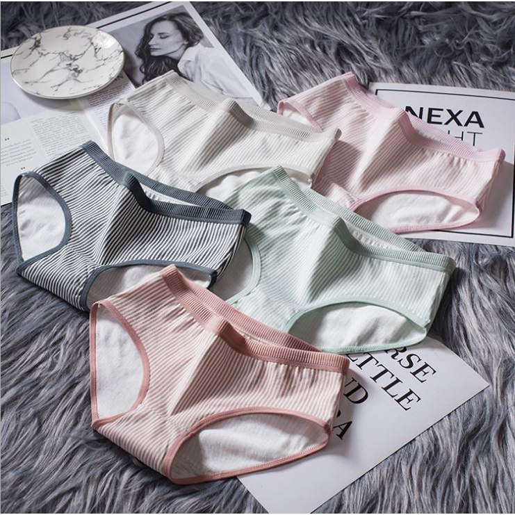 Set 3 quần lót cotton lưng vừa họa tiết kẻ sọc dễ thương phong cách Nhật Bản cho nữ