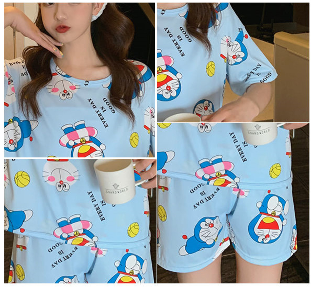 Set Đồ Ngủ Ngắn Tay In Hình Doraemon Dễ Thương Cho Nữ