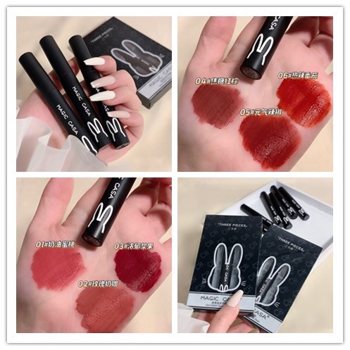 Cod Qipin MAGIC CASA Set 3 Son Tint Lì Hình Thỏ Màu Đen Có Hộp Quà Tặng Cho Nữ