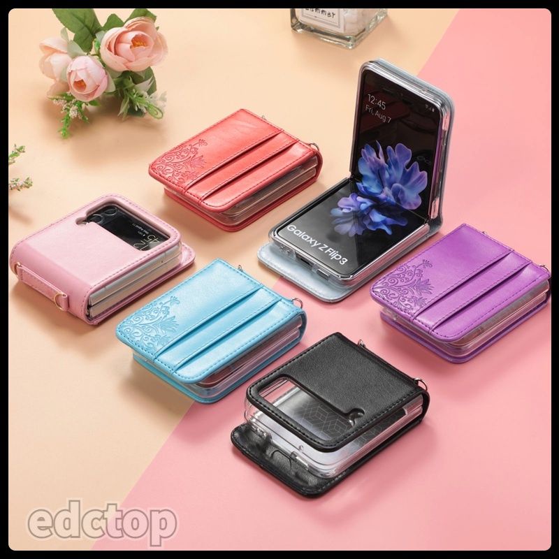 Ốp Samsung Z Flip 3 - ZFlip3 - Z Flip3 - Flip3 5G da hồng vintage có ngăn đựng thẻ kèm dây đeo dài dễ thương