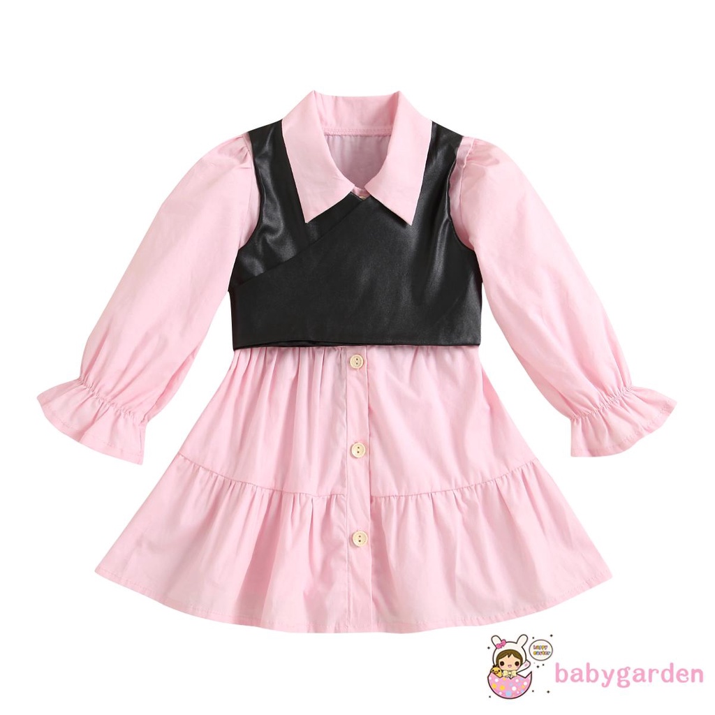 Bộ Đầm Midi Tay Dài Màu Trơn + Áo Khoác Da Pu Màu Đen Cho Bé Gái