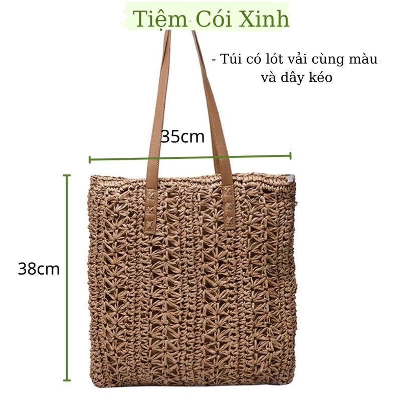 Túi Cói Tote Vintage Đi Biển Đeo Vai Dáng Chữ Nhật Dây Da Lót Vải Và Dây Kéo Gấp Gọn Dễ Dàng