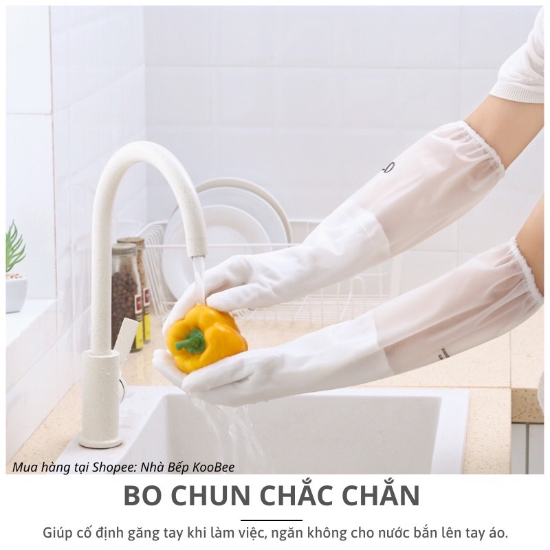 Găng Tay Cao Su Siêu Dai, Siêu Bền, Loại Dài, Lót Nỉ Giữ Ấm, Có Chun Giũ Chống Tụt