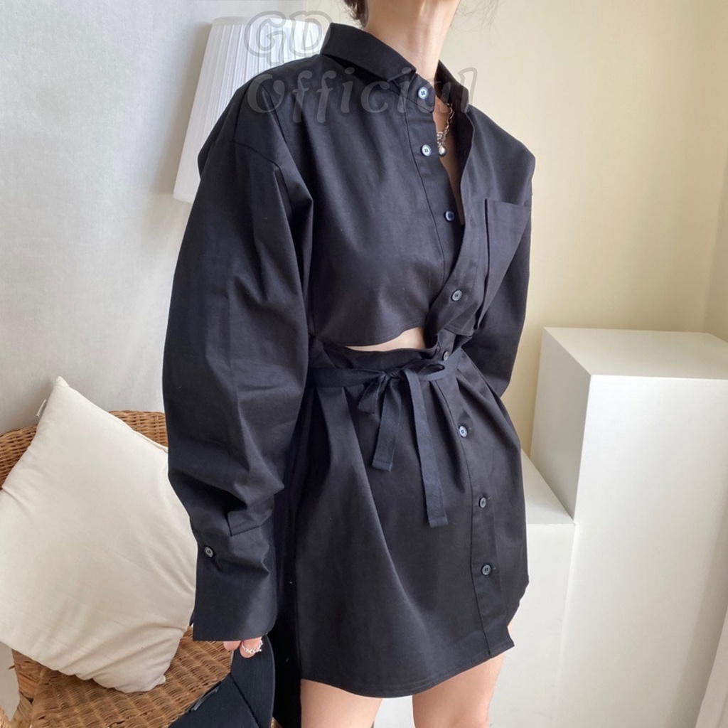 D9|Đầm váy sơ mi cổ vest polo tây âu công sở khoác nữ thắt buộc eo ngắn dài tay dáng rộng thụng suông GD Official