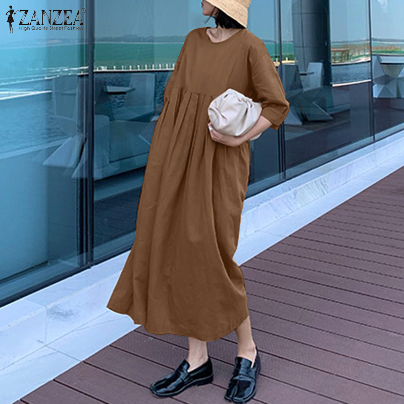 Đầm dài ZANZEA tay ngắn xếp ly màu đơn sắc giản dị cho nữ | BigBuy360 - bigbuy360.vn