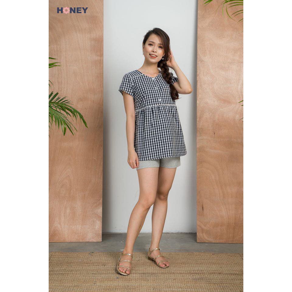 Bộ đồ bầu mặc nhà họa tiết caro, dáng babydoll - Thời trang đầm bầu cao cấp HONEY