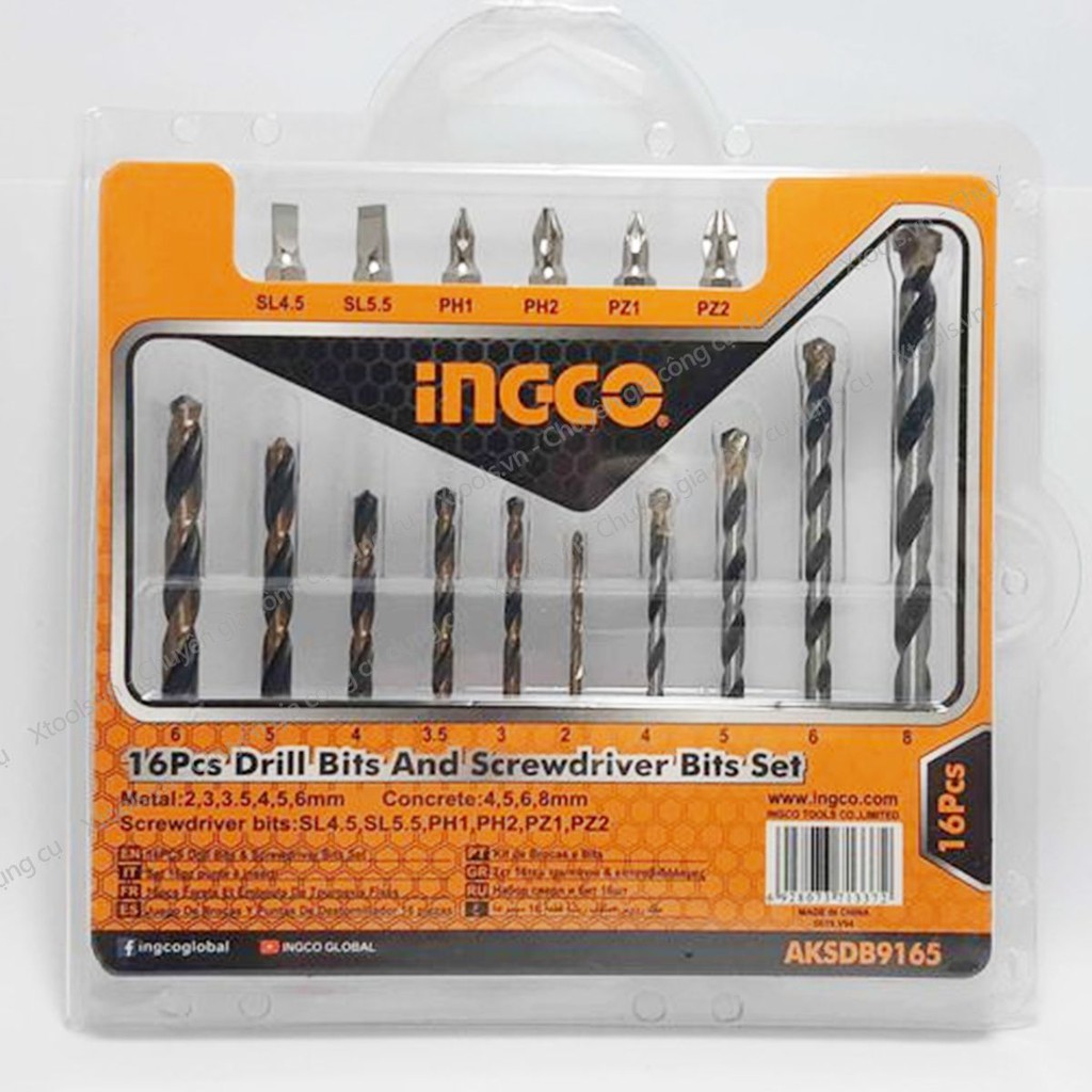 Bộ mũi khoan bê tông và siết vít HSS 16 chi tiết INGCO AKSDB9165, 6 mũi khoan xoắn 2-6mm, 6 mũi bê tông 4-8mm, 5 mũi vít