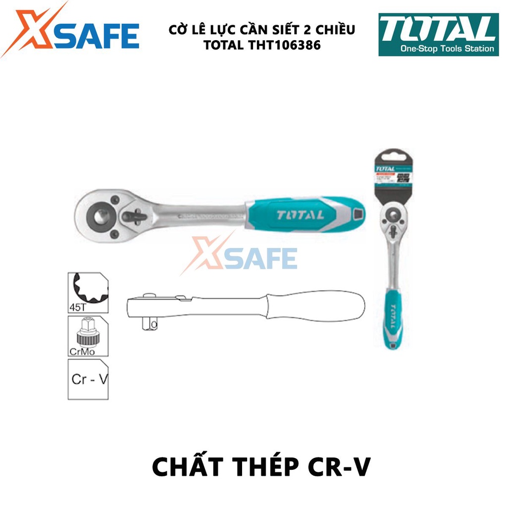 Cờ lê cần siết lực 2 chiều TOTAL THT106386 Cờ lê lực 3/8inch - 45 răng điều chỉnh lực siết, vặn vít bu lông - Chính hãng