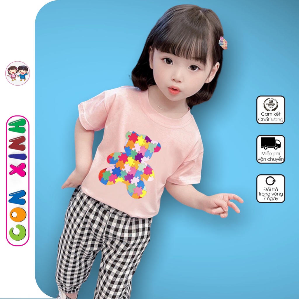 Đồ bộ bé gái Con Xinh cotton phối quần dài caro Gấu Nhiều Màu, thời trang dành cho trẻ em từ 4 đến 10 tuổi
