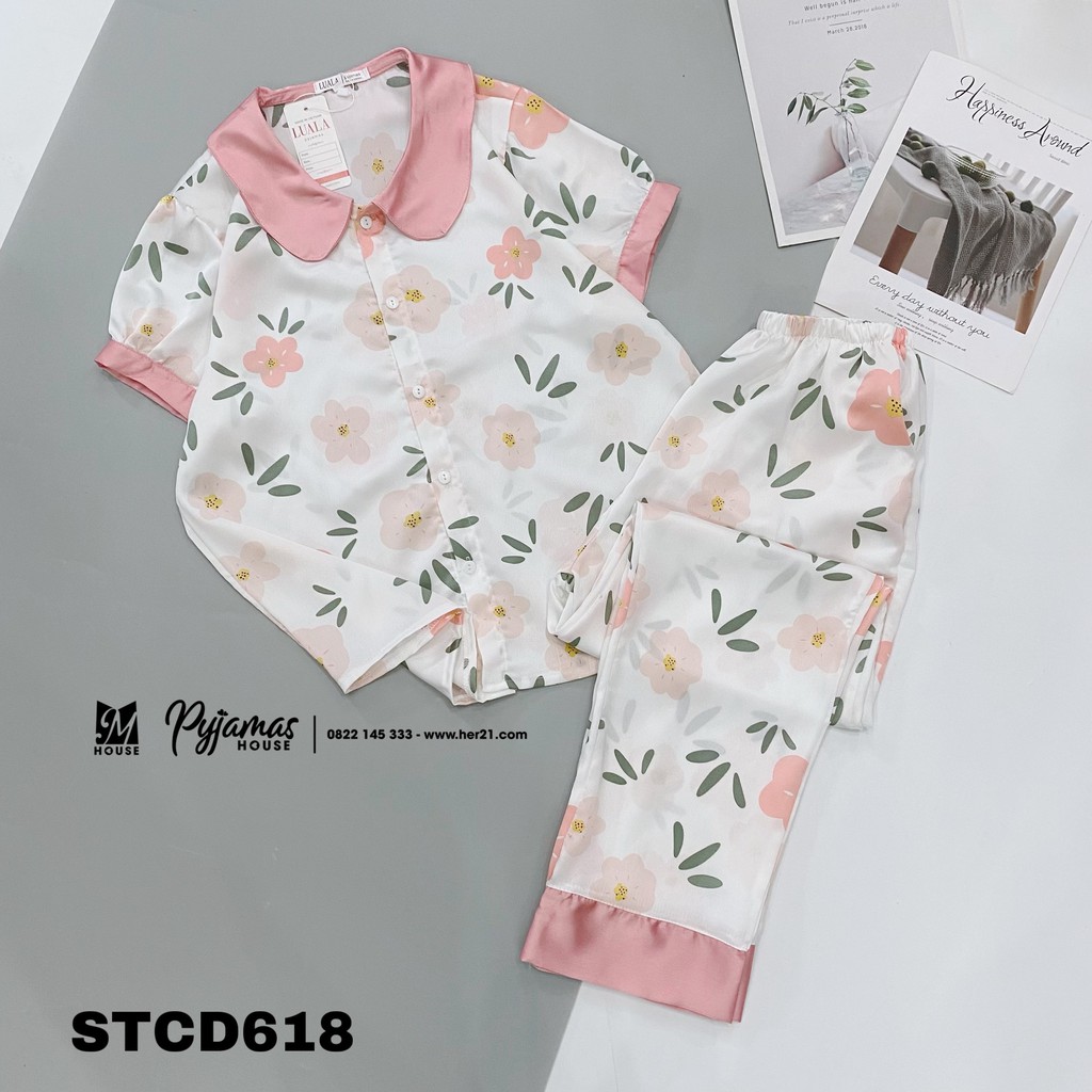 Bộ Pijama Lụa Tay Cộc Quần Dài Satin Cổ Sen Siêu Xinh