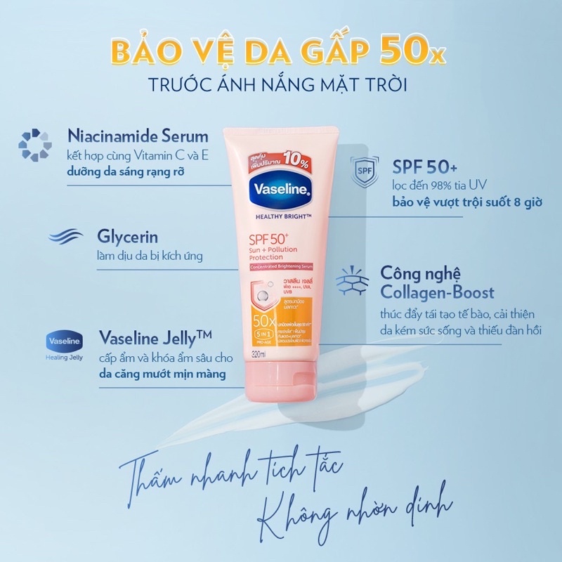 COMBO Sữa Dưỡng Thể Vaseline Trắng Da Chống Nắng 50X SPF 50+ &amp; Nâng Tone 4X Body Tone Up 320ML