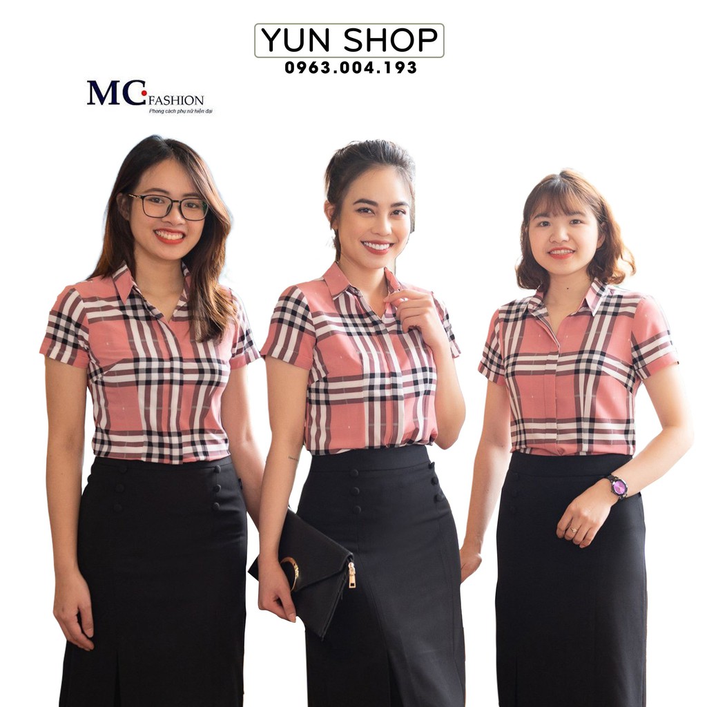 Áo Sơ Mi Nữ- Áo Sơ Mi Công Sở Thanh Lịch Kiểu Dáng Cộc Ngắn Tay  A665 Kẻ Bbr Màu Hồng