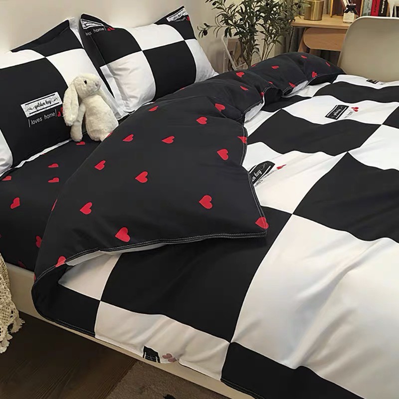 BỘ CHĂN GA VÀ VỎ GỐI POLY COTTON Tim Caro Đen Trắng - Bộ Chăn Ga Gối 5 Món Cao Cấp