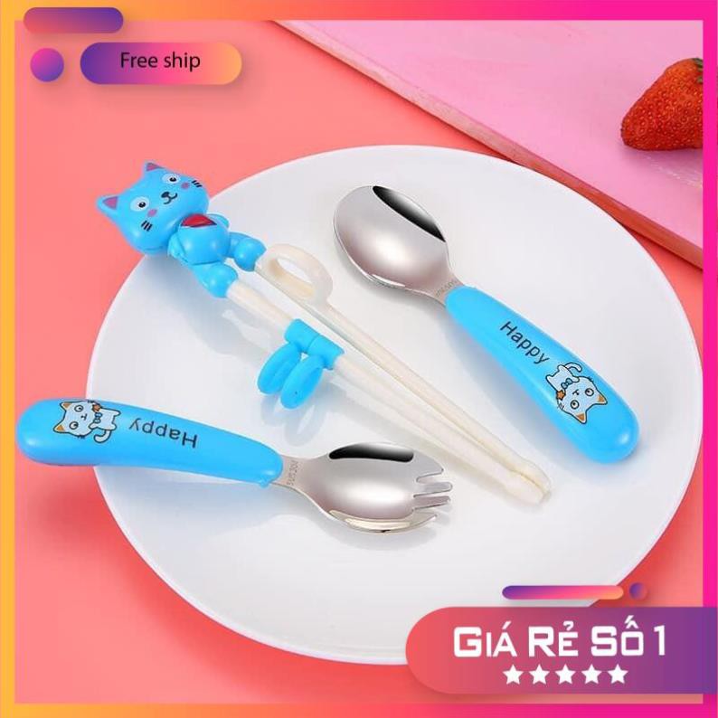 [Bán giá Rẻ] Set thìa dĩa đũa tập ăn inox 304 hình mèo dễ thương cho bé, sét thìa đũa ăn dặm cho bé