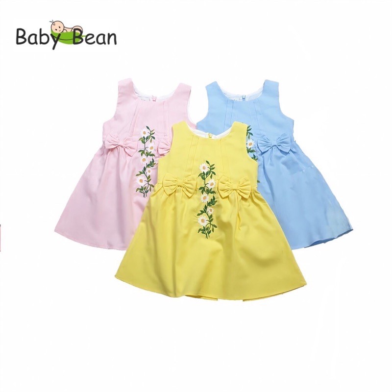 [MÃ THƯƠNG HIỆU YÊU THÍCH Voucher giảm 10%] Đầm Cotton Thêu Hoa Đính Nơ Eo Bé Gái BabyBean