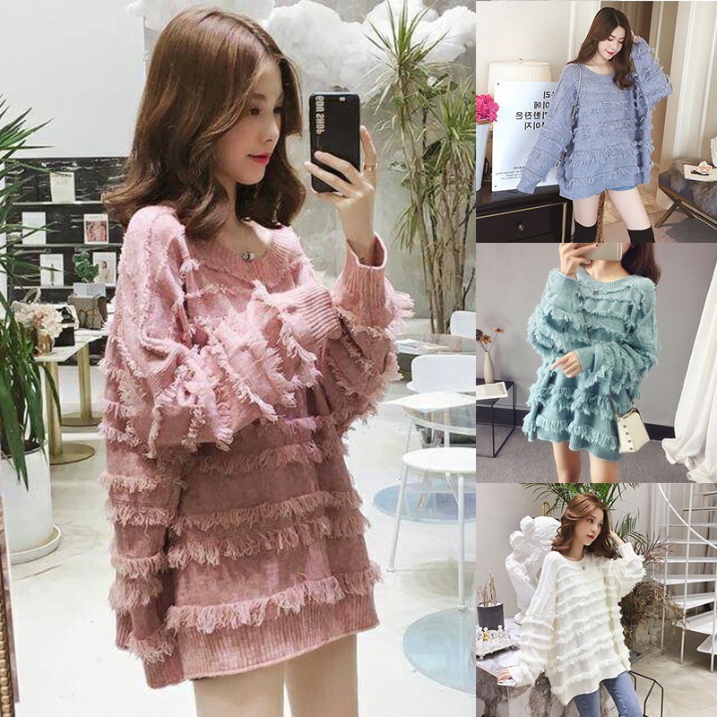 Áo len dáng rộng màu trơn phối tua rua cho nữ