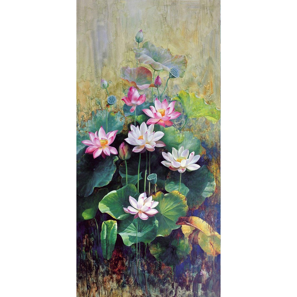 Tranh canvas treo tường hoa sen nghệ thuật khổ dọc Lu0315 - 40 x 80 cm