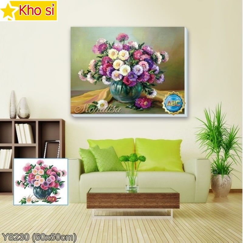 Tranh đính đá khổ nhỏ Bình hoa nghệ thuật Y8230 (60x50cm) [KHO SỈ] Tranh chất lượng cao