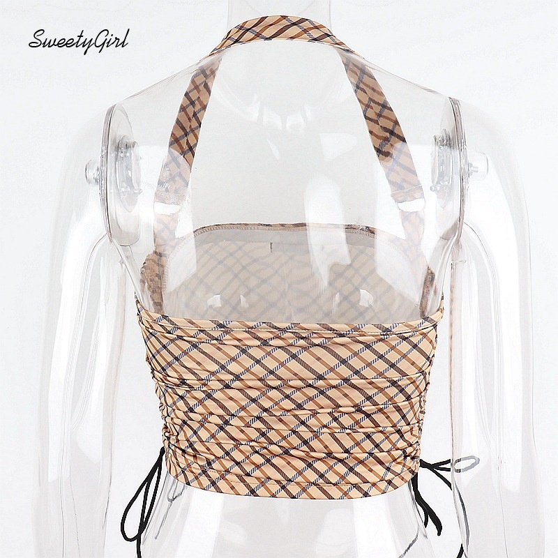 Áo tank top dây rút hở lưng họa tiết sọc caro thời trang cho nữ