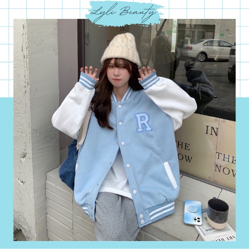 Áo bomber phối tay trắng in chữ R chuẩn unisex Lylibeauty áo chất nỉ lót lông bên trong