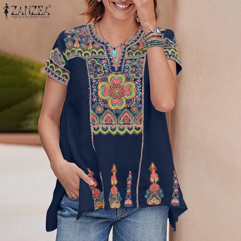 Áo kiểu Zanzea tay ngắn cổ chữ v in họa tiết phong cách vintage thời trang thanh lịch cho nữ