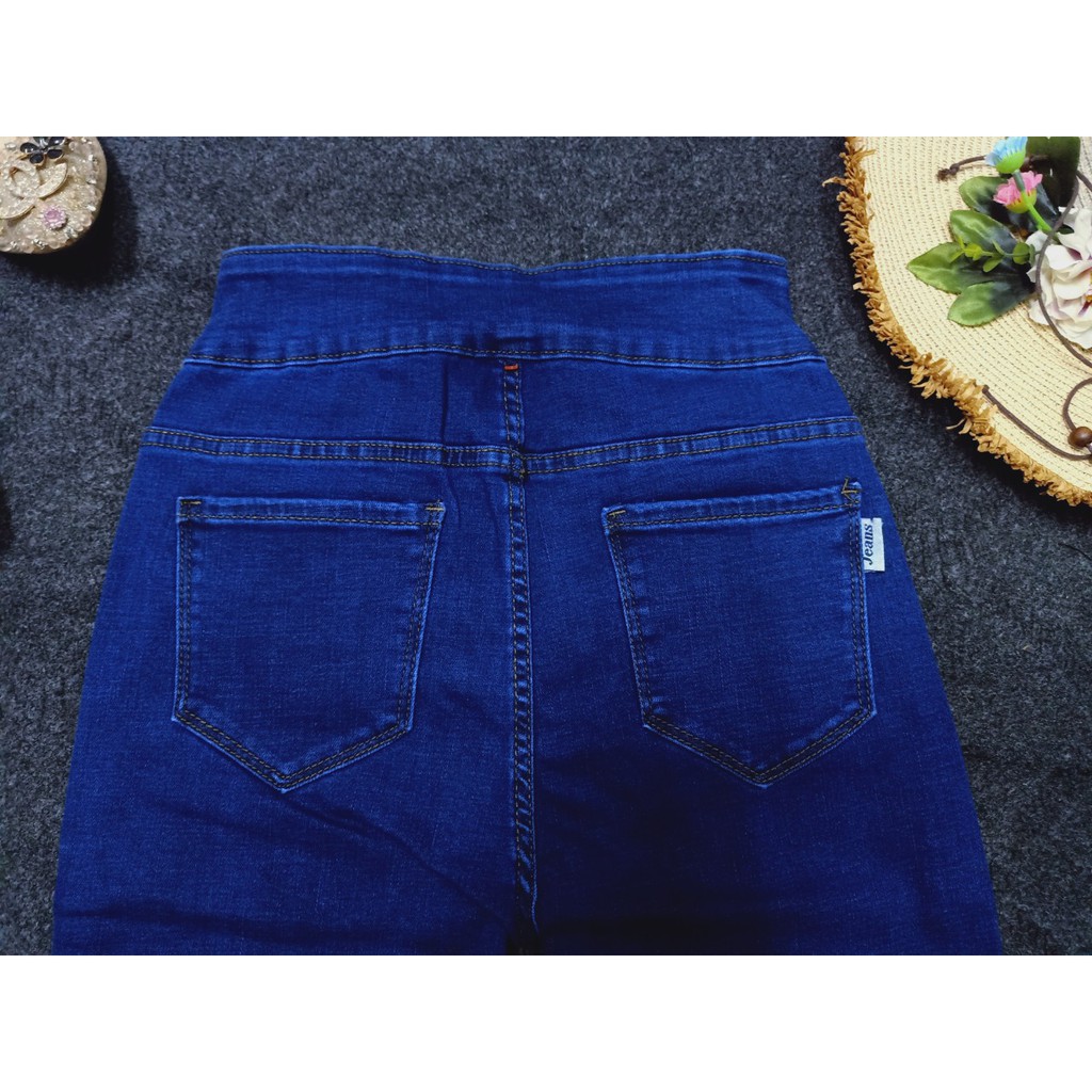 Quần jean lửng gối nữ hàng lưng cao 2 nút co giãn mạnh màu xanh đậm