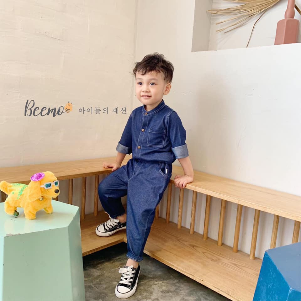 Set bộ bé trai da cá màu denim cổ tàu