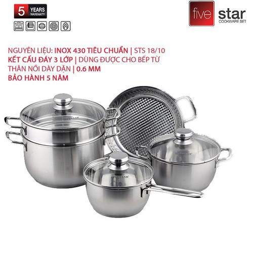 Bộ Nồi Inox 3 Đáy Từ Fivestar Standard FSB50002 5 chiếc nắp kính ( tặng 2 vá canh )