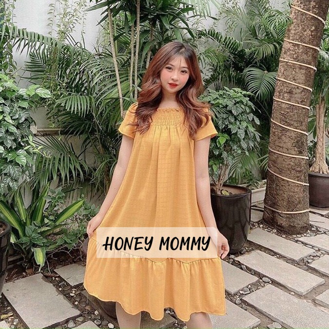 Váy Bầu Hè Công Sở Cổ Vuông Vải Đũi Mát HD2623 Honey Mommy Đầm Bầu Trễ Vai Đuôi Cá