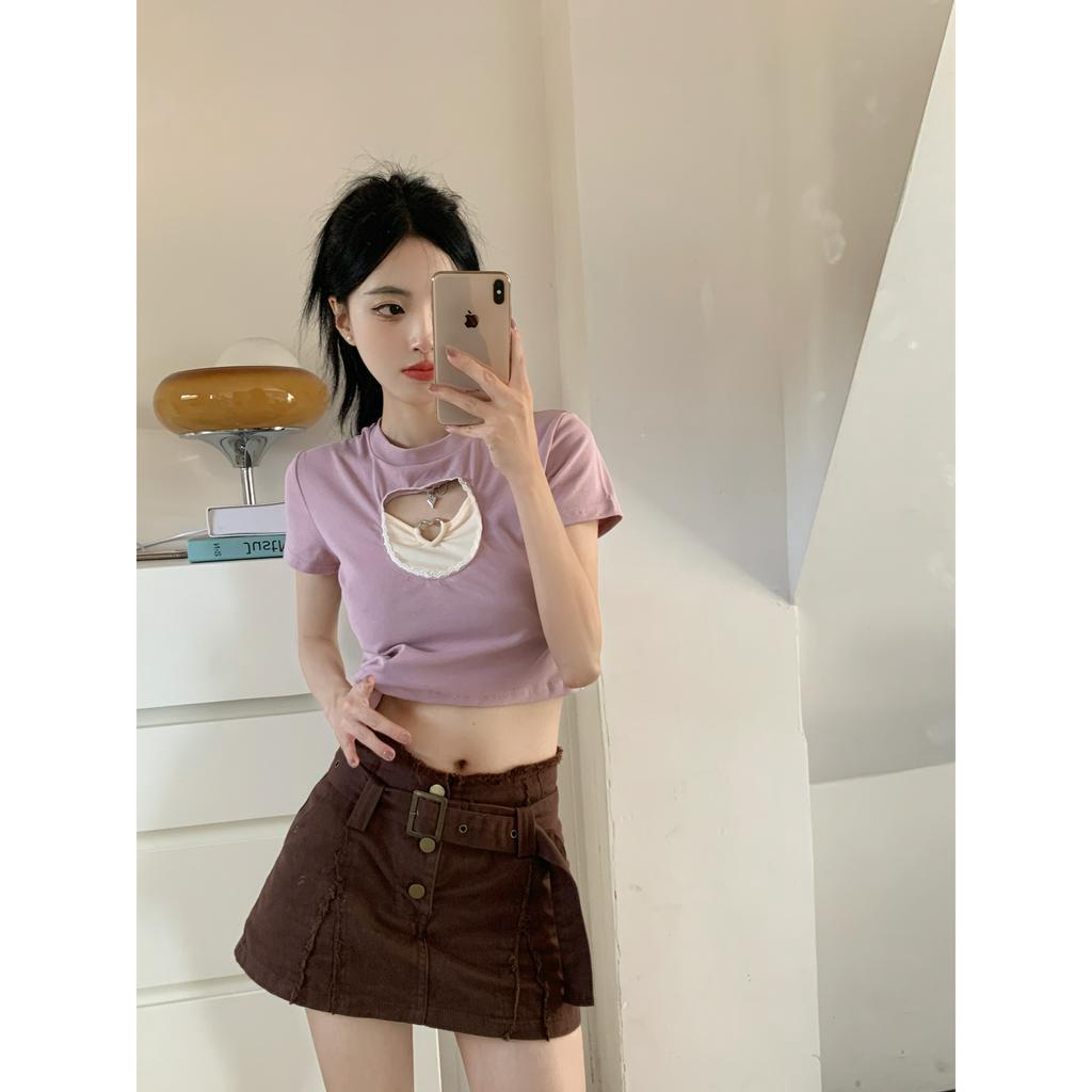 Áo Thun Crop Top Nữ Cổ Tròn Ngắn Tay Khoét Lỗ Hình Trái Tim Gợi Cảm Mùa Hè Mới