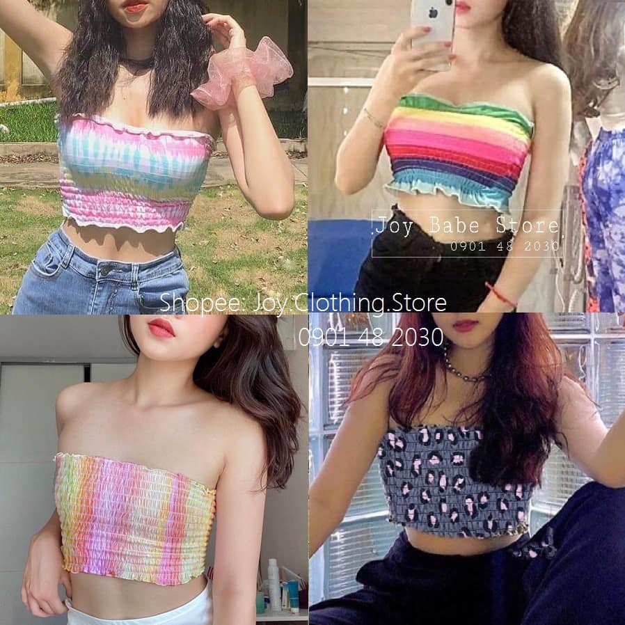 Áo kiểu áo quây áo ống voan nhúng cầu vồng nhiều màu loang croptop