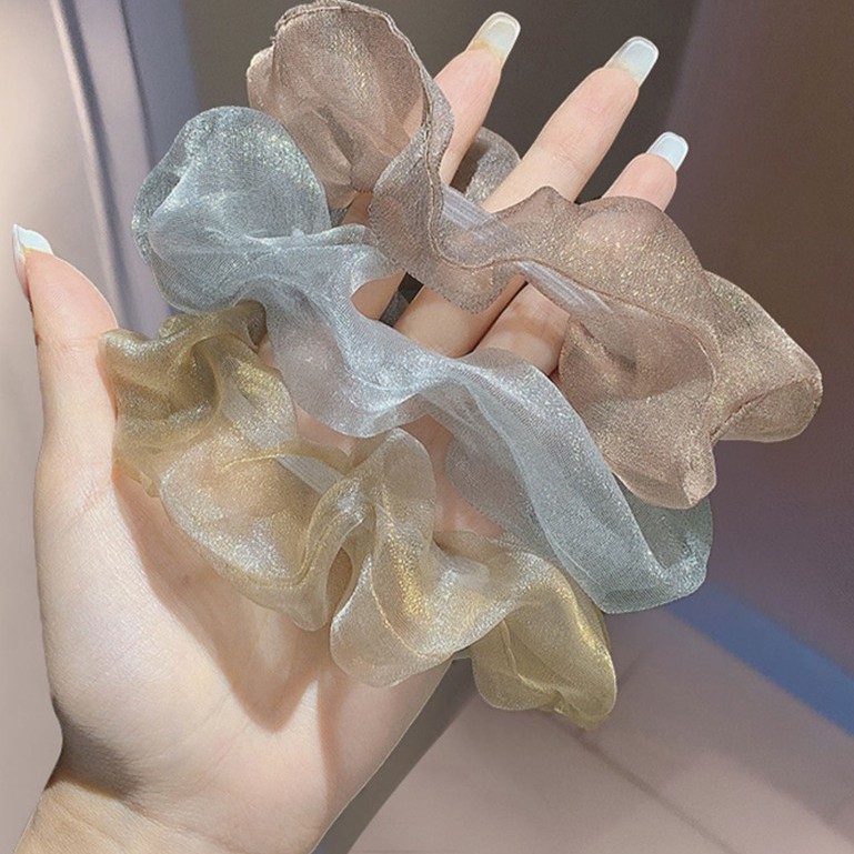 Buộc tóc scrunchies màu nhũ lấp lánh