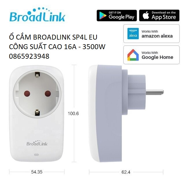 Ổ Cắm Thông Minh Wifi Broadlink SP4L 16A- 3500W Hẹn Giờ Điều Khiển Từ Xa Qua App, Điều Khiển Giọng Nói Qua Google, Alexa