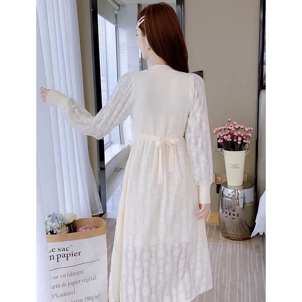 Váy Đầm Len Ren Thêu Hoạ Tiết Dài Qua Gối - Thời Trang Nữ Thu Đông