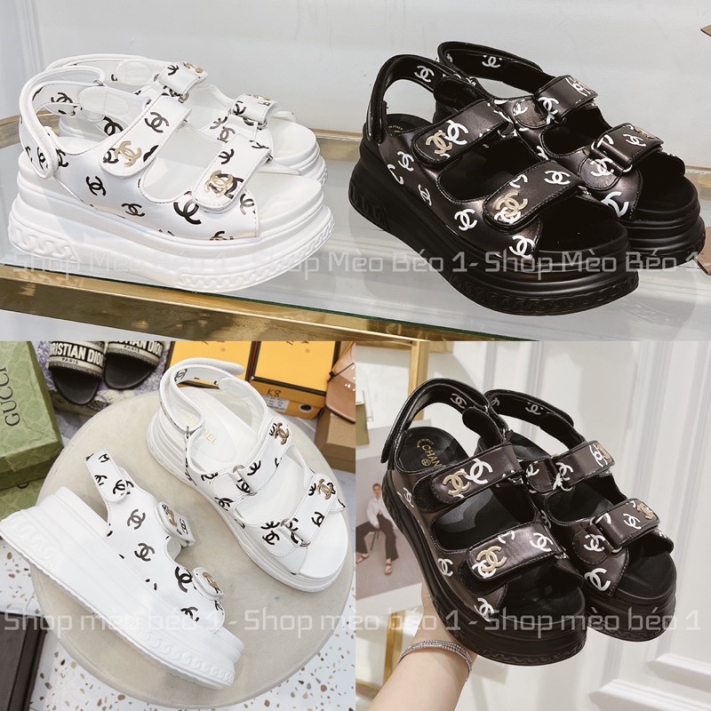 Sandal cn hoạ tiết quai dán ngang đế cao fullbox