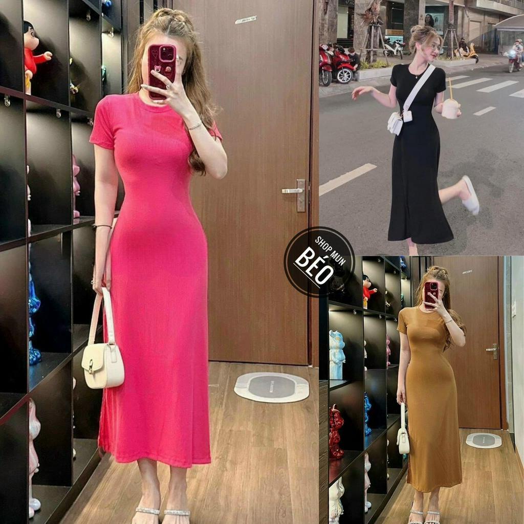 Đầm cổ tròn tay ngắn xẻ đùi phom dài xoè chất thun gân co giãn thích hợp đi chơi đi dạo đi làm phù hợp với mọi phong các