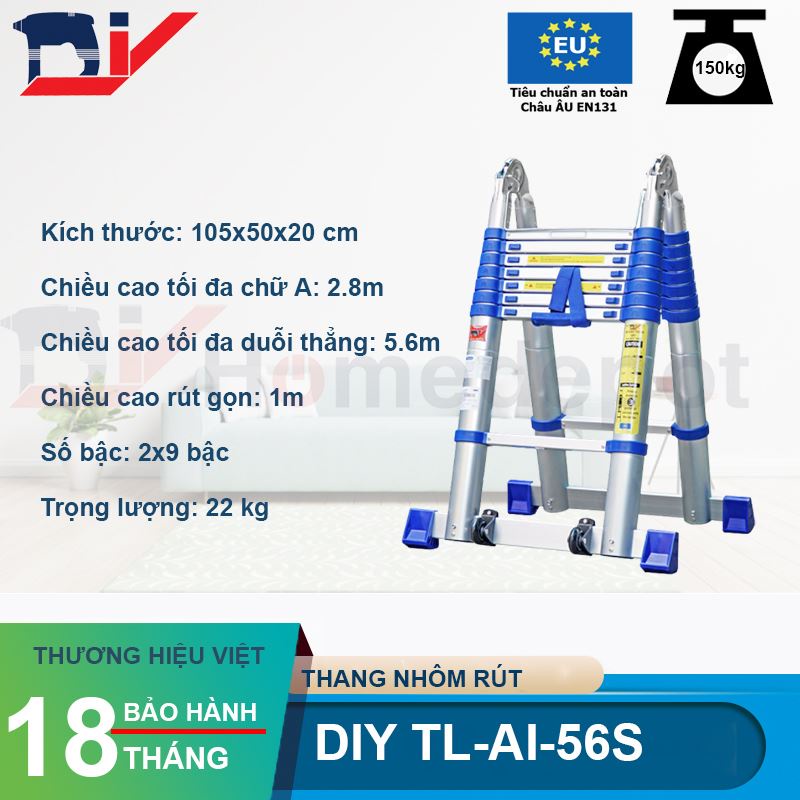 Thang nhôm rút đôi DIY TL-AI-56S chiều cao sử dụng tối đa chữ A 2.8m chữ A 5.6m - Hàng chính hãng - Bảo hành 18 tháng