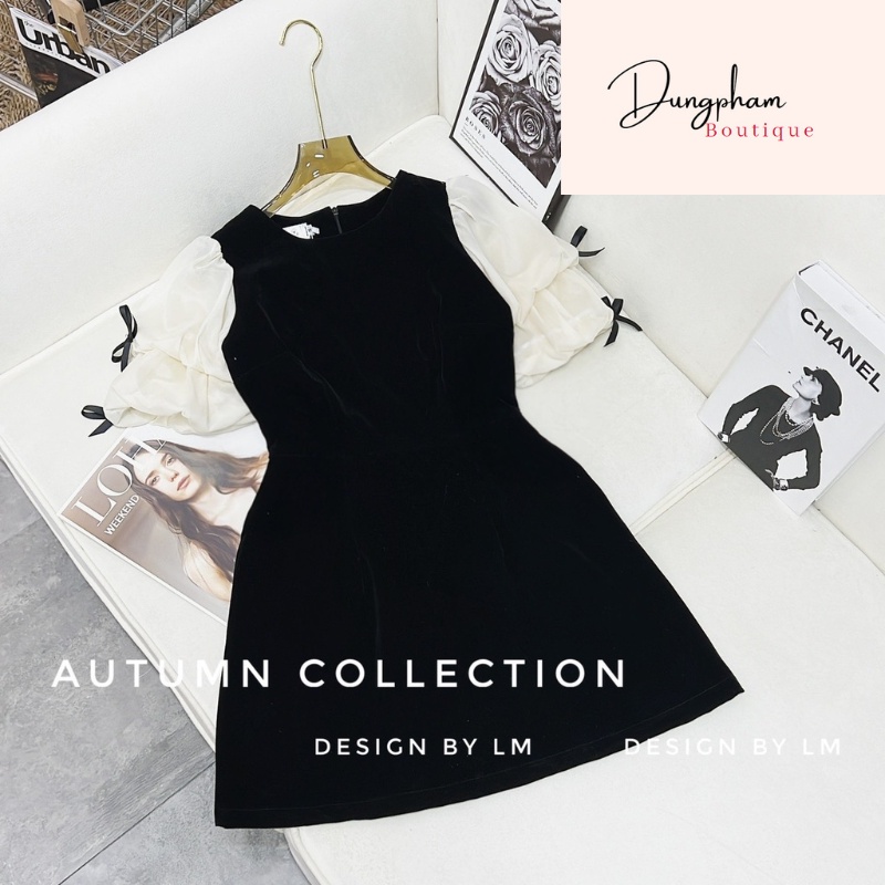 Váy nhung tay bồng mix nơ _ Dungpham Boutique