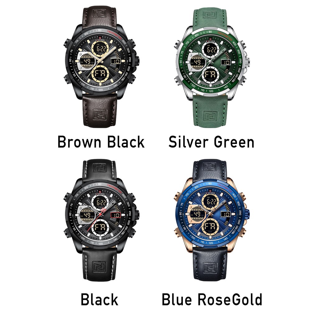 NAVIFORCE Đồng Hồ Đeo Tay Kỹ Thuật Số Dây Da Thật Chống Nước Màu Xanh Lá Phong Cách Doanh Nhân Cho Nam