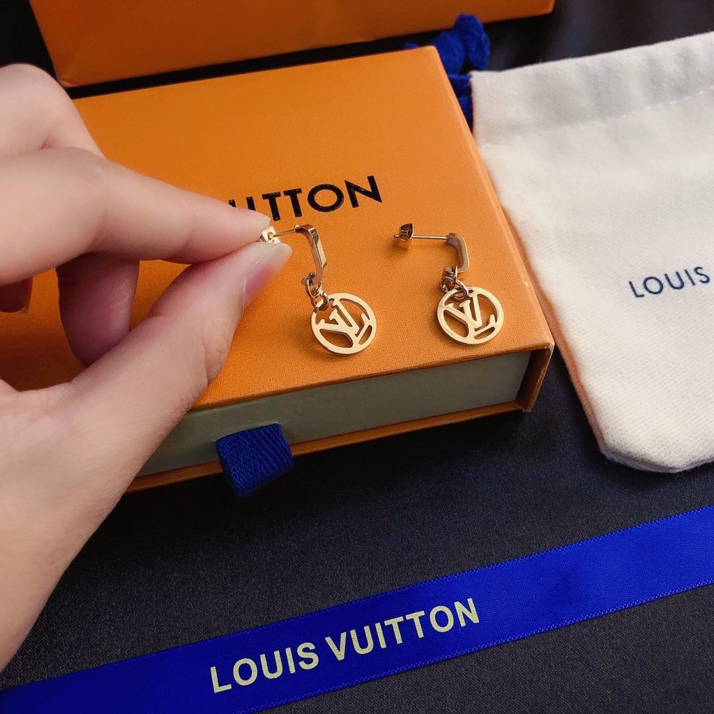 LOUIS VUITTON Khuyên Tai Tròn Bằng Thép Titan In Logo LV Thời Trang