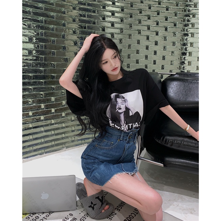 Set Áo Thun Ngắn Tay Form Rộng Và Chân Váy Denim Lưng Cao Thời Trang Mùa Hè Mới Phong Cách Hàn Quốc Cho Nữ