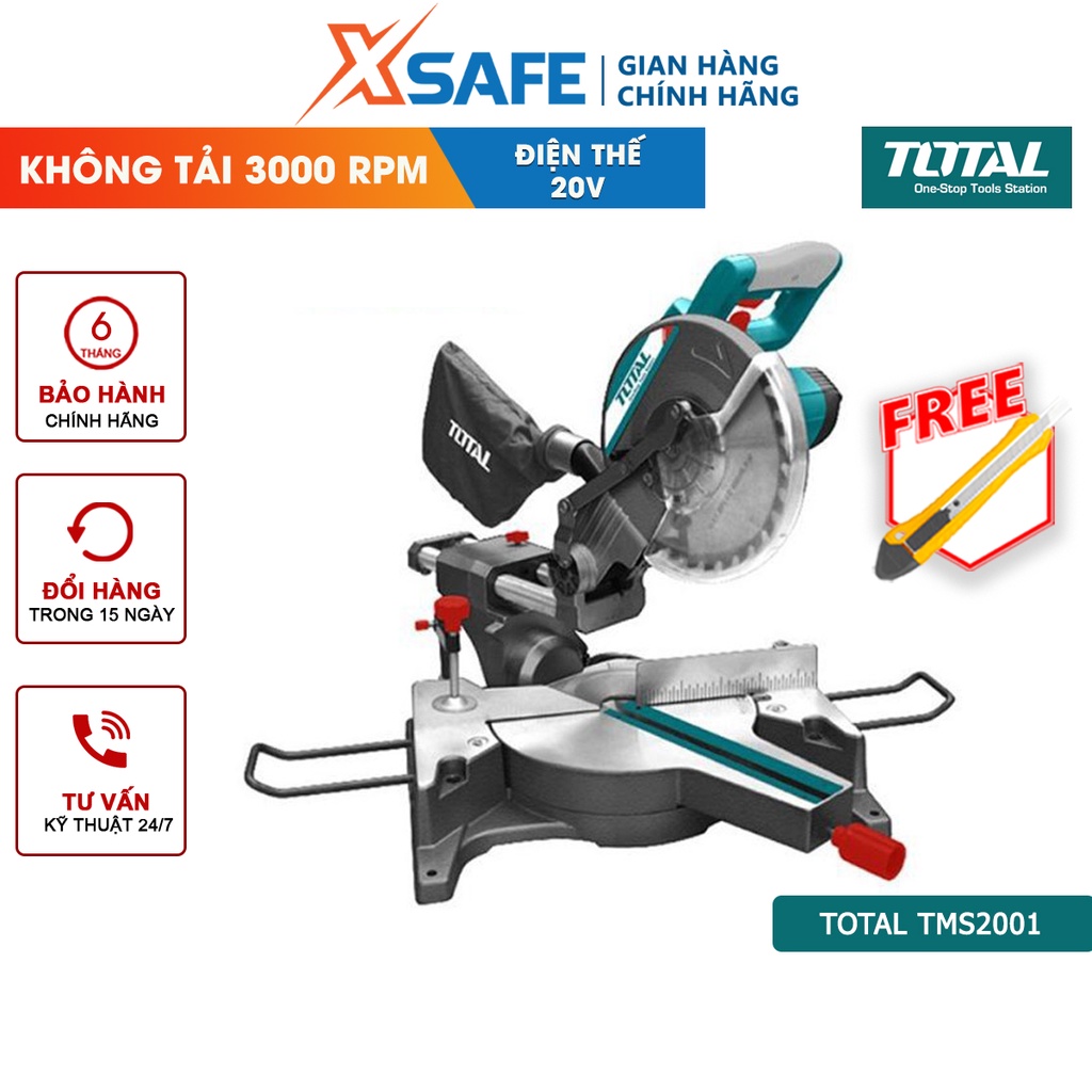 Máy cắt nhôm TOTAL TMS2001 Máy cắt dùng pin 20V Lưỡi cắt 210mmx25.4mmx2.8mm, 3000rpm Cắt góc 45 độ