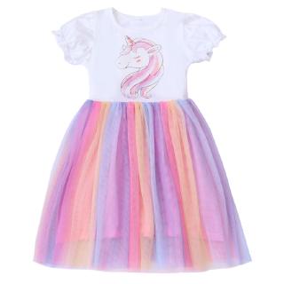 Rainbow unicorn pattern dress for girls