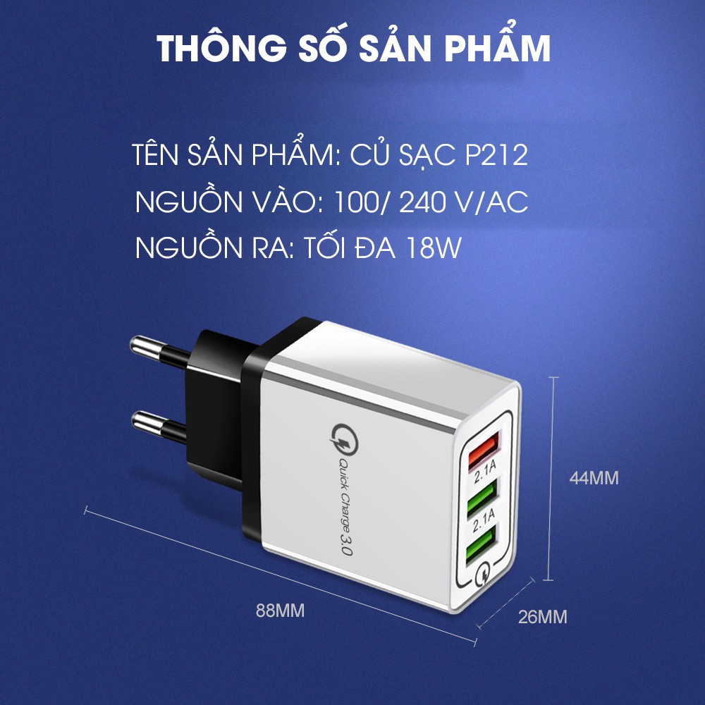 Củ sạc nhanh di động quick charge 3.0 củ sạc nhanh 18w iphone samsung sạc nhanh kéo dài tuổi thọ cho pin KMT Store P212