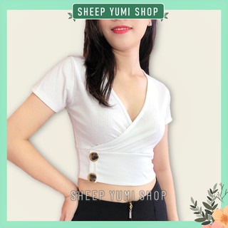 Áo Croptop Nữ Cổ Tim Chéo Ngực Tay Ngắn Dáng Ôm Vải Thun Gân Co Giãn SHEEP YUMI SHOP AC08