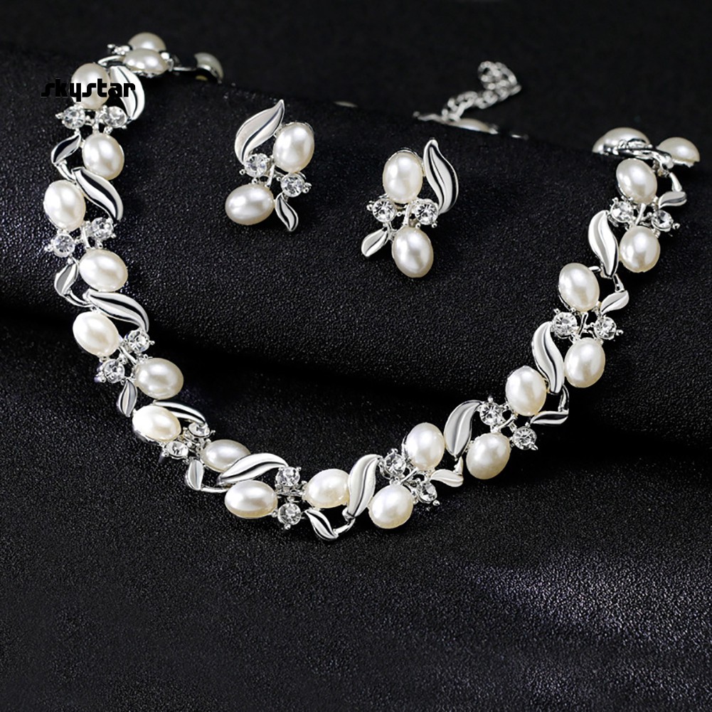 Bộ Vòng cổ + Bông Tai Đính Đá &amp; Ngọc Trai Giả Thời Trang Cho Nữ