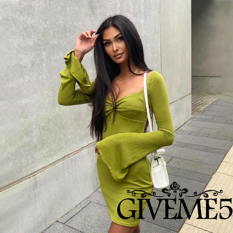 Đầm cổ vuông tay loe màu trơn quyến rũ cho nữ