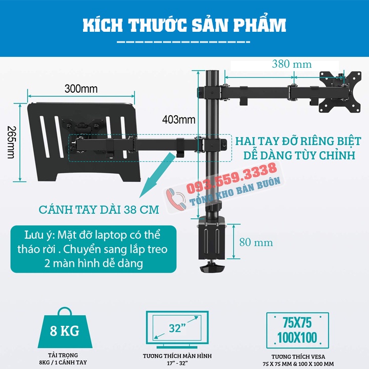 Giá Màn Hình 17 - 32 Inch Kèm Giá Đỡ Laptop 10 - 17 Inch - Kẹp Thành Bàn - Tay Treo Màn Hình Xoay 360 Độ - Model: M074