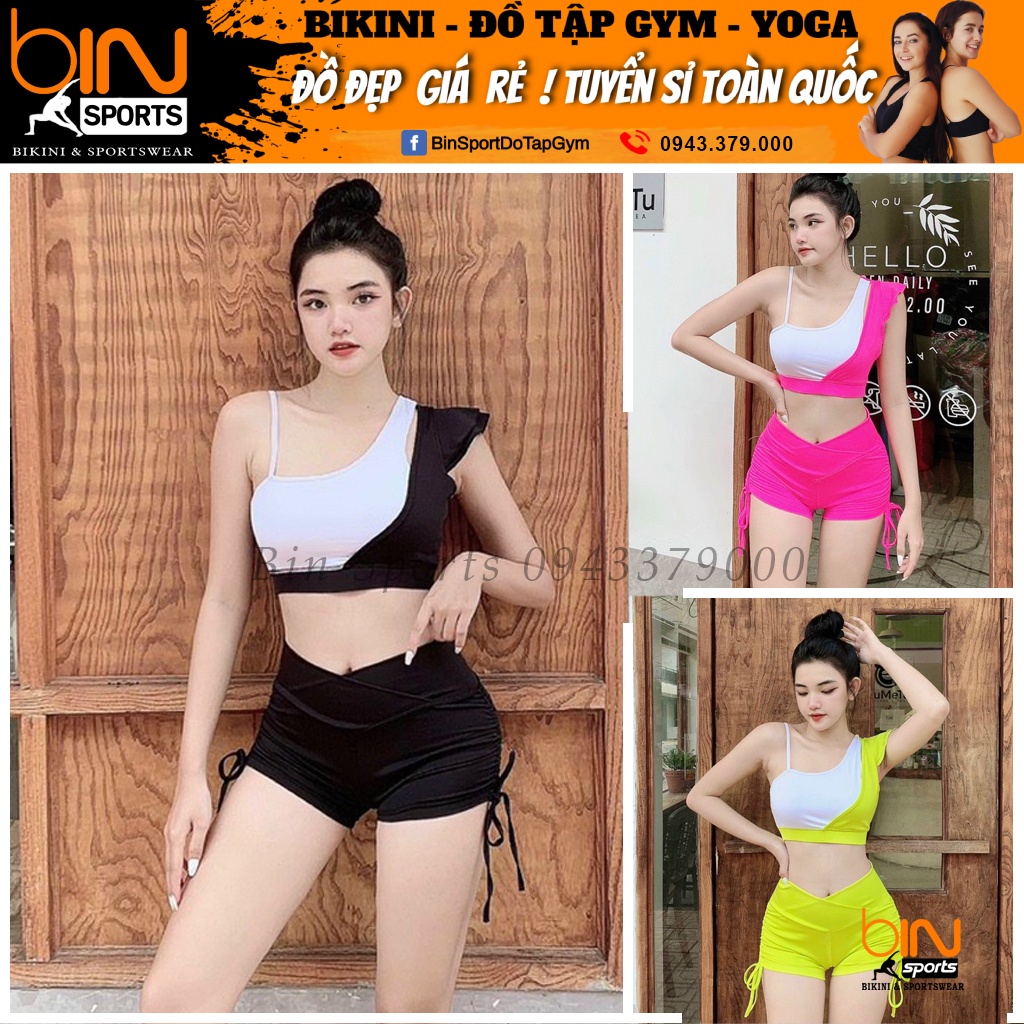 Đồ tập gym nữ, set bộ đùi thể thao áo bra cánh tiên phối màu kèm mút, quần đùi dây rút Bin Sports BN062