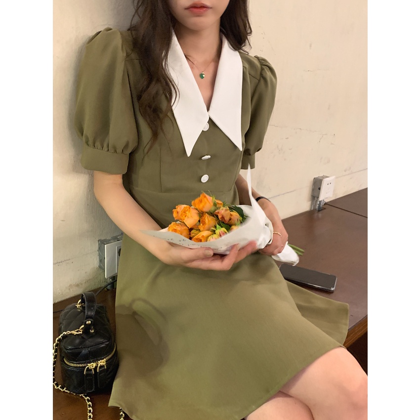 Đầm Ôm Dáng Ngắn Tay Cổ Bẻ Màu Sắc Tương Phản Thời Trang 49956